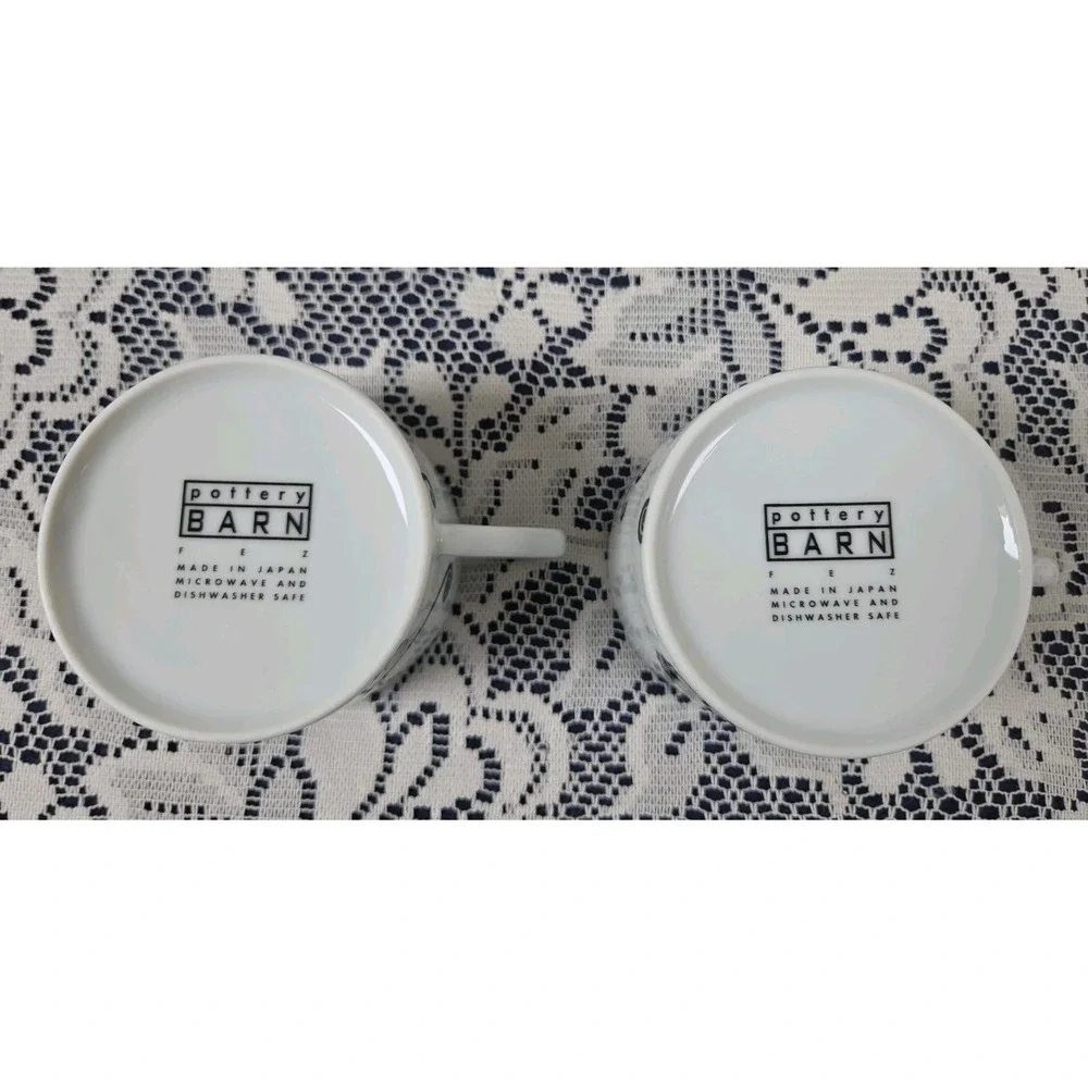 2 Pottery Barn FEZ Cups & Saucers Black & White Swirls/Medallion Japan Made Vtg